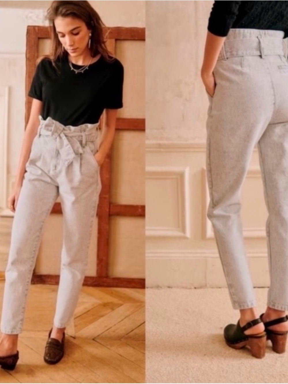 Sezane Austin Snow Grey Paperbag Jeans.